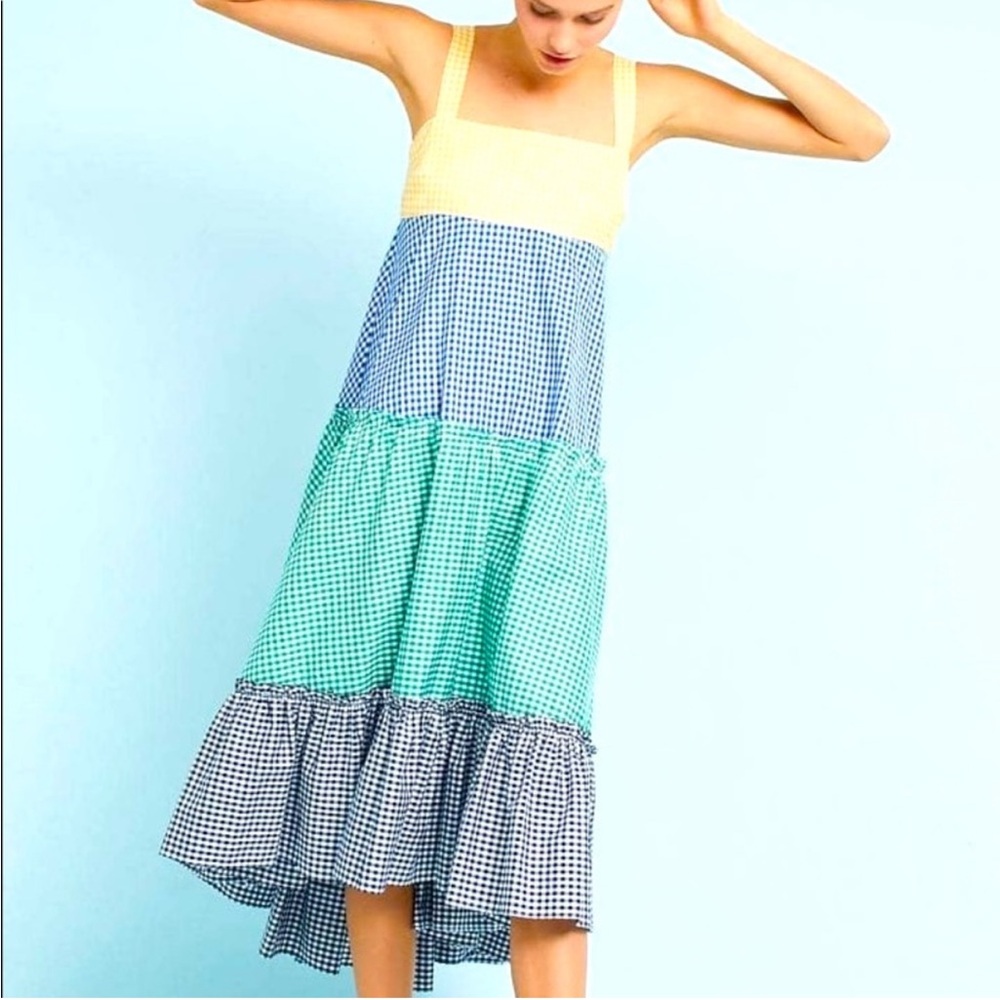 MDS Stripes Yellow Blue Green Gingham Tiered Maxi Dress 4 - Picture 2 of 16